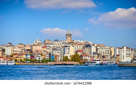Istanbul cityscape in Turkey with Galata Kulesi Tower. Ancient Turkish famouslandmark in Beyoglu district, European side of the city. Architecture of the former Constantinople