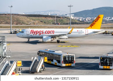 Istanbul (Constantinople), Turkey, February 17, 2019: The emergence of the Pegasus Airlines plane at the Sabiha Gokcen International Airport in the Istanbul (Constantinople), Turkey