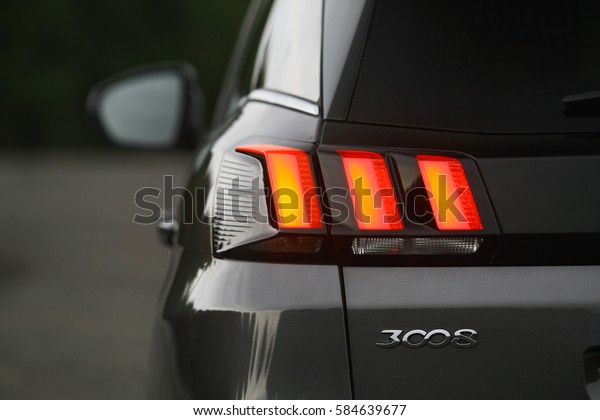 ISTANBUL - FEBRUARY: The rear lights of the new\
Peugeot 3008 SUV with sharper lines. February, 2017 Istanbul.\
Peugeot the French car bicycle and motorcycle brand, today is part\
of PSA Peugeot\
Citroen.
