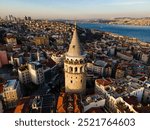 Istanbul Galata Tower Sunset Night Aerial View Drone Shot - İstanbul Galata Kulesi Günbatımı Gece Havadan Görüntüleme 