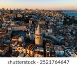 Istanbul Galata Tower Sunset Night Aerial View Drone Shot - İstanbul Galata Kulesi Günbatımı Gece Havadan Görüntüleme 