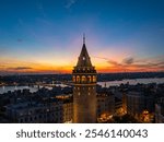 Istanbul Icon Galata Tower in the Sunset Lights Drone Photo, Galata Beyoglu, Istanbul Turkiye (Turkey)