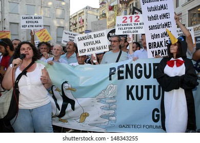 ISTANBUL - JULY 12: Journalists gathered at Galatasaray Square to protest the  violence, pressure  they have faced since the Gezi Park protests began in late May,on July 12,2013,in Istanbul,Turkey. - Shutterstock ID 148343255