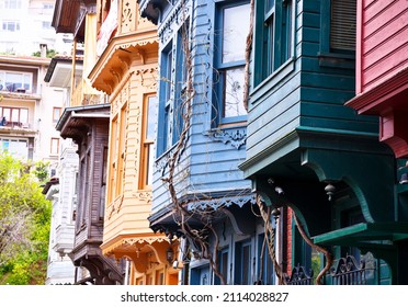 Istanbul, Kusgunjuk, day, a street with colored houses, wooden facades, traditional ornaments
