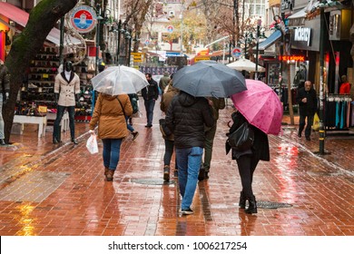 Istanbul Maltepe Also People Walking In The Rain, Jan. 21, 2017, Istanbul, Turkey