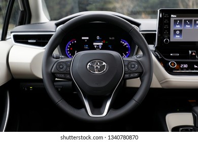 ISTANBUL - MARCH 17, 2019: The 12th generation Toyota Corolla Sedan car interior is a line of compact cars manufactured by Toyota is the production model, which was launched in 1966.