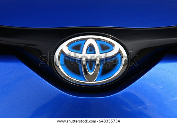 ISTANBUL - MAY: Special brand logo with blue\
background used by Toyota in Hybrid models. May, 2017 Istanbul.\
Japan-based Japanese car\
brand
