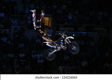 ISTANBUL - OCTOBER 13: Driver Adam Miller Jumping During Ulker Metro Moto Heroes FMX Freestyle Motocross Motorcycle Stunt Show In Ulker Sports Arena On October 13, 2012 In Istanbul, Turkey.