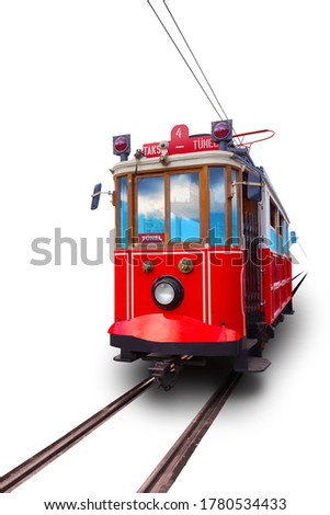 Istanbul red retro tram isolated on white background. Travels between Taksim and Tunnel. Translation: Tunnel