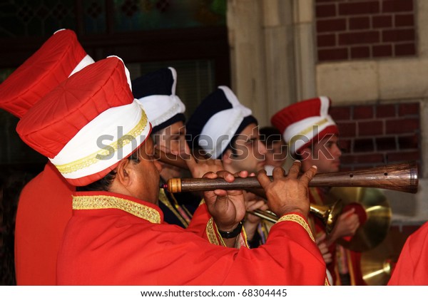 ISTANBUL - SEPTEMBER 02:
Orient Express arrives at last stop at 14:30 pm on September 02,
2009 in Istanbul, Turkey. Janissary band of musicians performs live
for the visitors.