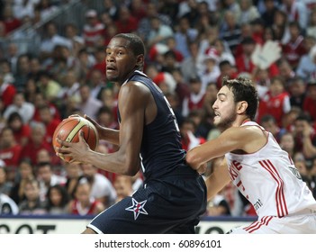 ISTANBUL - SEPTEMBER 13: Kevin Durant Drives To The Basket In FIBA World Championship Final Between USA And Turkey  On September 13, 2010 In Istanbul