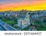 Istanbul sunset beautiful landscape cityscape Balat colorful old houses, Stefan Bulgarian Church middle, The Phanar Greek Orthodox College or Patriarchate, Fatih Mosque, Balat, Halic, Istanbul, Turkey