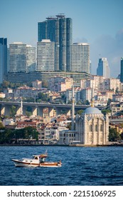 Istanbul, Turkey - 09.09.2022: Top Aerial View Of Ortaköy Camii Mosque And City Of Istanbul Behind