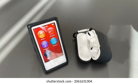 Istanbul, Istanbul Turkey - 10 21 2021: Apple IPod Nano 4 Apple AirPods Pro