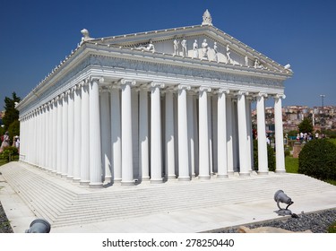 ISTANBUL, TURKEY - 10 JULY, 2014: Miniaturk park in Istanbul, Turkey. Scale model reconstruction of Temple of goddess Artemis. It was located in Ephesus. One of the Seven Wonders of the Ancient World.