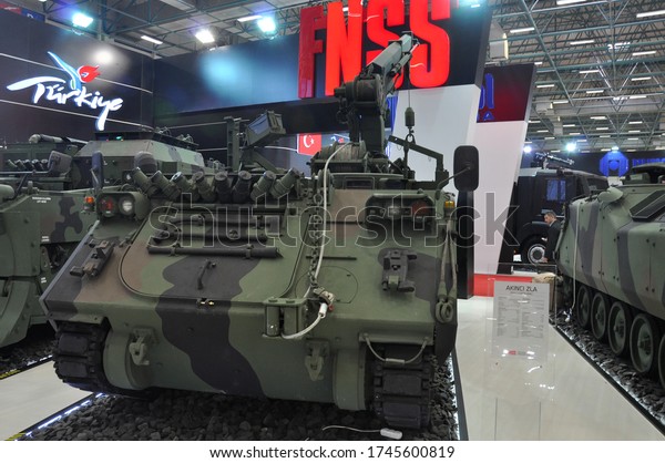 Istanbul, Turkey - 10 May 2013: Turkish Army FNSS\
AKINCI ZLA. The TLC variant is Tracked Logistics Carrier\
configuration of the ACV-19 FoV on display at the International\
Defence Industry Fair\
IDEF’13
