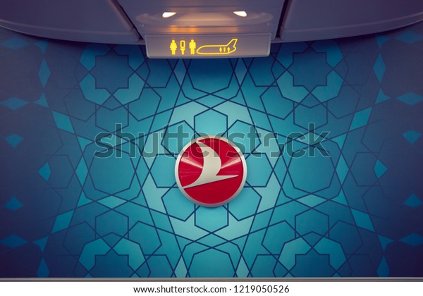 Istanbul / Turkey - 10.24.2018:\
Turkish Airlines Logo inside an aircraft, inside a THY Boeing\
