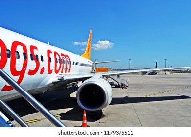 Istanbul, Turkey - 14 April 2018: Pegasus Airlines Boeing 737 on Remote Gate Boarding