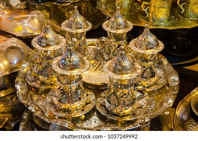 ISTANBUL, TURKEY, 15 NOVEMBER 2016: Traditional tea and coffee sets at the Egyptian Bazaar and the Grand Bazaar in Istanbul. Turkey.