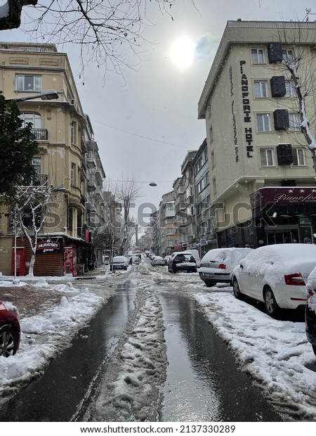 ISTANBUL - TURKEY - 17.03.2022.  Snowy\
panoramic Istanbul skyline wonderful perspective angles Tourism\
travel sightseeing vacation Istanbul Turkey buying.\
