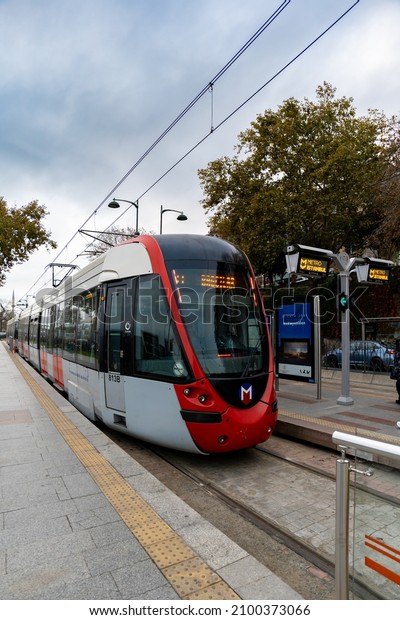 Istanbul, Turkey - 2021: Istanbul Tram at\
platform. The Istanbul Tram is a modern tram system operated by\
Istanbul Metro.	\
