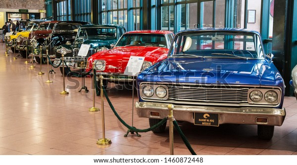 Istanbul, Turkey, 23 March 2019: Classic cars\
in Rahmi M. Koc Industrial Museum. Koc museum has one of the\
biggest auto vehicles collection in Turkey. Hall of vintage\
nostalgic antique autos\
exhibited