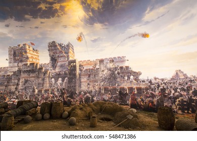 ISTANBUL, TURKEY - 6 JUNE , 2016:Fall of Constantinople in 1453. Captured by Mehmet. Panorama Museum 1453, Istanbul, Turke