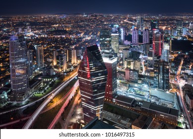 Istanbul, Turkey. Aerial view of the city downtown and skyscrapers. Skyscrapers and modern office buildings at Levent District. With Bosphorus background.