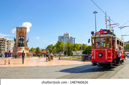 ISTANBUL, TURKEY – Agust 05, 2019: Nostalgic Red Tramway in Taksim square.  Taksim Istiklal Street is a popular destination in Istanbul. Beyoglu, Taksim, Istanbul. Turkey.