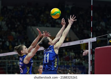 ISTANBUL, TURKEY - APRIL 06, 2022: Mina Popovic And Naz Aydemir Akyol In Action During Fenerbahce Opet Vs Vakifbank CEV Champions League Volley Semi Final Match In Vakifbank Sport Hall