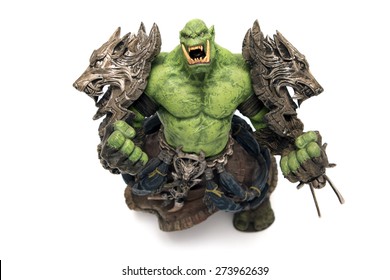 Istanbul, Turkey - April 09, 2015: Orc characters from the world of warcraft game. Action figures. 2007 Dc Unilimited, Dc Comics and Blizzard Entertainment, Inc. All Right Reserved.