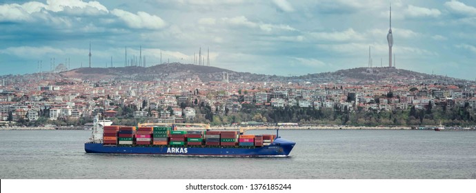 Istanbul, Turkey - April 13. 2019: Arkas Line Container Vessel In Bosphorus, Istanbul, Turkey.