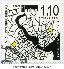 ISTANBUL, TURKEY - APRIL 14, 2016: A Stamp Printed In Turkey Shows Map,The 13th Istanbul Biennial, 2013