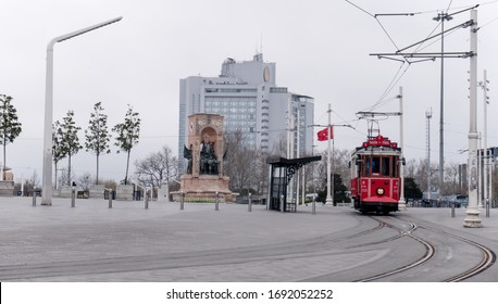 Istanbul, Turkey - April 2 2020: Taksim Square Complete Lock Down Due To Corona Virus, Istiklal Street Closed Empty Streets Empty Roads, Taksim Square Red Tram, Empty Taksim Square, Selective Focus