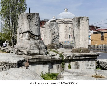 Istanbul, Turkey - April 2022: Remnants and ruins of ancient columns of Forum of Theodosius in the square Bajazet