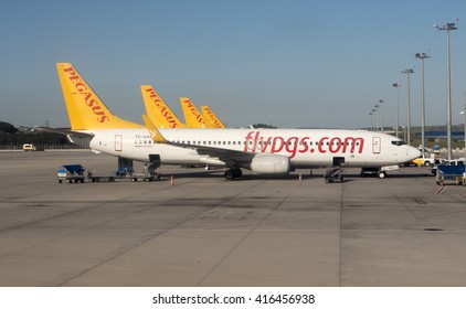ISTANBUL, TURKEY - April 22, 2016: Four Turkish Pegasus airline Boeing airplanes on the tarmac of Istanbul airport