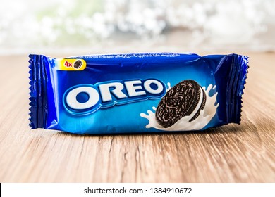 ISTANBUL, TURKEY - APRIL 22, 2019: Oreo Ice Cream Sandwich Package On Wooden Background. 