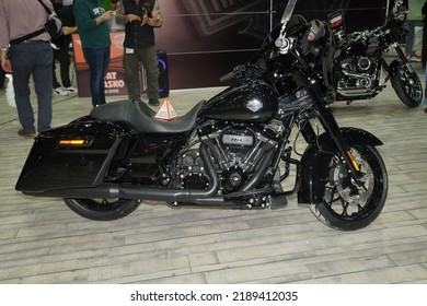 ISTANBUL, TURKEY - APRIL 23, 2022: Harley Davidson motorcycle on display at Motobike Expo in Istanbul Exhibition Center