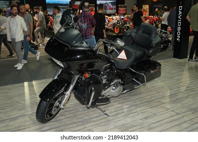 ISTANBUL, TURKEY - APRIL 23, 2022: Harley Davidson motorcycle on display at Motobike Expo in Istanbul Exhibition Center