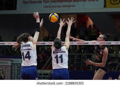 ISTANBUL, TURKEY - APRIL 30, 2022: Eda Erdem Dundar And Naz Aydemir Akyol In Action During Fenerbahce Opet Vs Vakifbank Turkish Sultans League Playoff Final Match In Burhan Felek Sport Hall