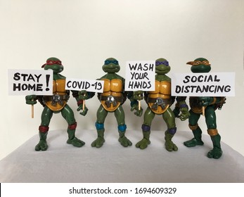 Istanbul, Turkey - April 5, 2020: Social  messages by TMNT figures about health. 