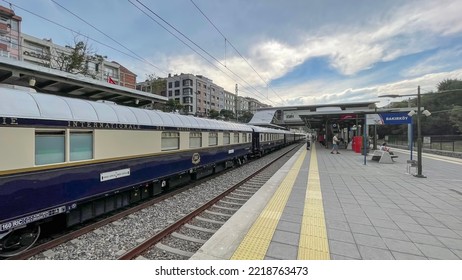 ISTANBUL, TURKEY - Aug 31, 2022: A View Of A Train Station With Venice Simplon Orient Express Train On The Train Tracks