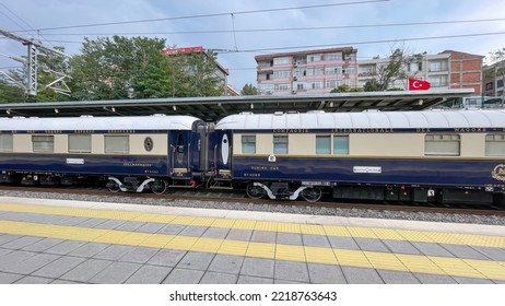 ISTANBUL, TURKEY - Aug 31, 2022: The Venice Simplon Orient Express Train Captured On Train Tracks