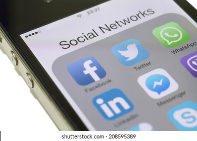 Istanbul, Turkey - August 01, 2014: Social networks, Facebook, Twitter, LinkedIn, Instagram, Skype and others on a smart phone