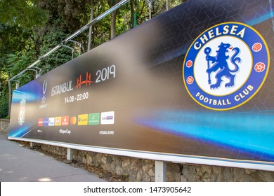 ISTANBUL, TURKEY - AUGUST 03, 2019: UEFA Super Cup Liverpool V Chelsea Billboard Seen At Istanbul Street.
 The 2019 UEFA Super Cup Will Be Played At Beşiktaş Park In Istanbul On 14 August. 