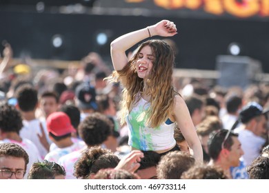ISTANBUL, TURKEY - AUGUST 06, 2016: Girl have fun during Life in Color the Big Bang tour in Istanbul Life Park - Shutterstock ID 469733114