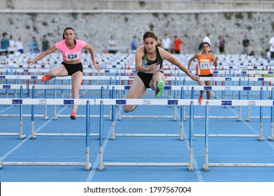 ISTANBUL, TURKEY - AUGUST 06, 2020: Athletes running 100 metres hurdles during Turkish Athletic Federation Olympic Threshold Competitions