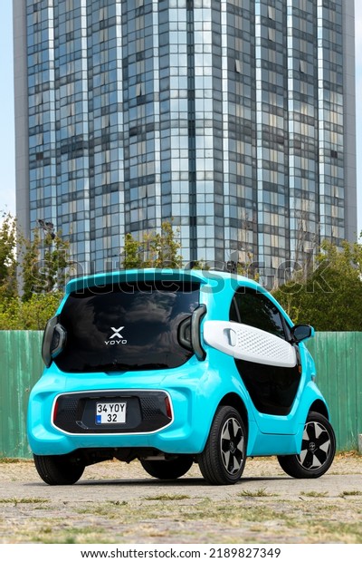 Istanbul,\
Turkey - August 12 2022 : Xev Yoyo, the first car in the world\
printed in 3d. It is designed by Italian electric car company Xev\
and 3d printing material company\
Polymaker.