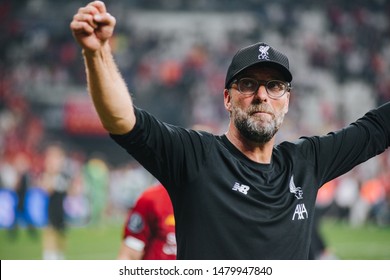 Istanbul, Turkey - August 14, 2019: Jurgen Klopp Manager Of Liverpool At The End Of The UEFA Super Cup Match Between Liverpool And Chelsea At Vodafone Park.