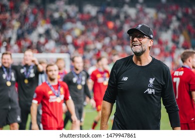 Istanbul, Turkey - August 14, 2019: Jurgen Klopp Manager Of Liverpool At The End Of The UEFA Super Cup Match Between Liverpool And Chelsea At Vodafone Park.